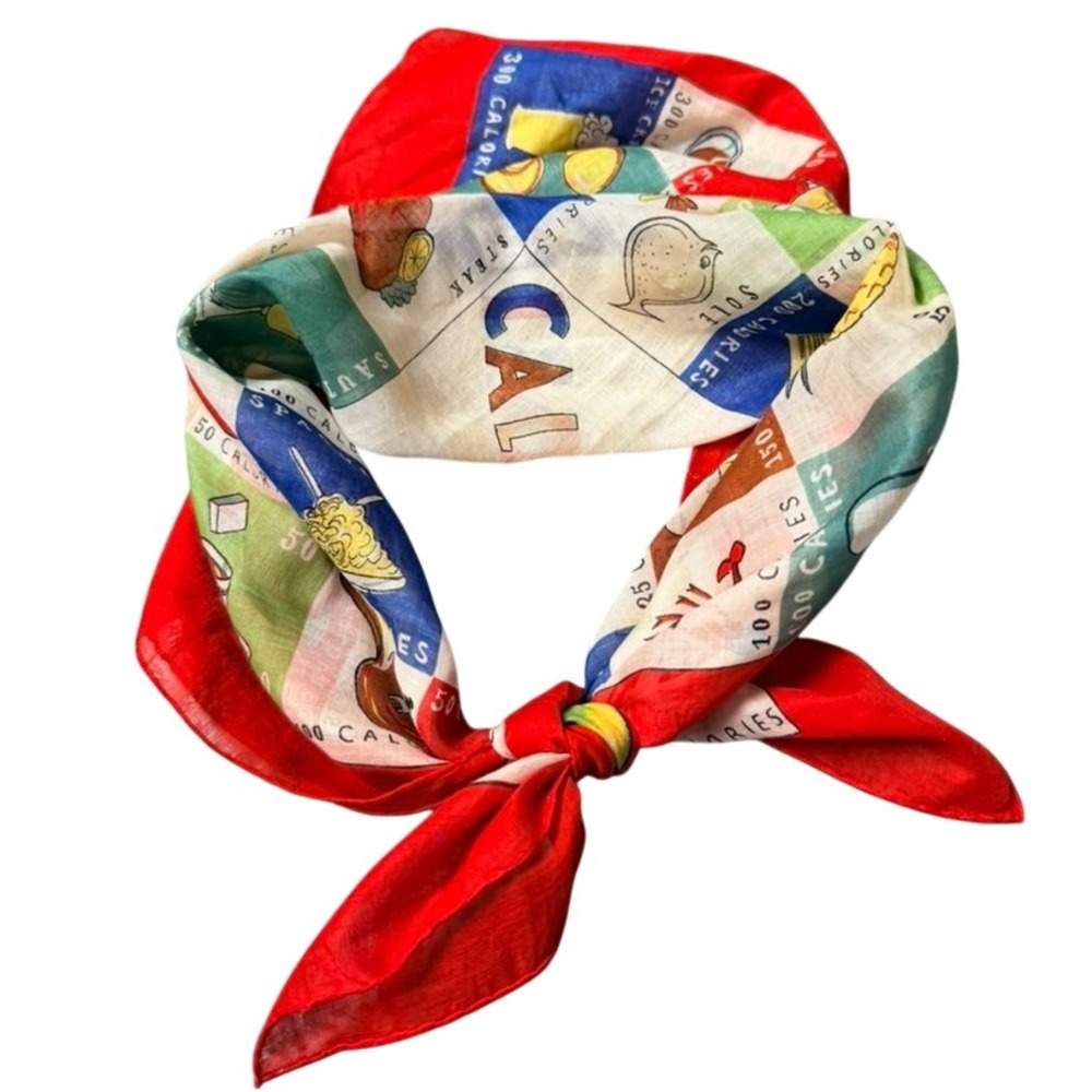 Vintage Novelty Food Calorie Chart Cotton Square Scarf Red White Blue 22in